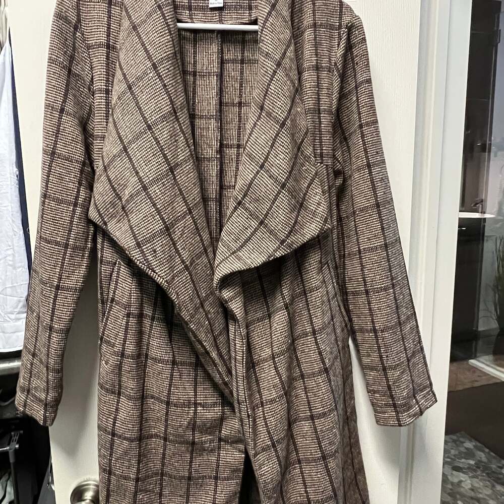 FavluxPlaid Open Front Drape Collar Tie Waist Trench Coat Size S